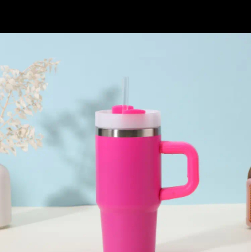 Bright Neon Pink Tumbler with Handle and Straw 14 OZ.